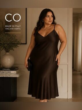 NWT CO Chocolate Brown Silk Wool Slip Dress XL Italian Fabric Luxury $795